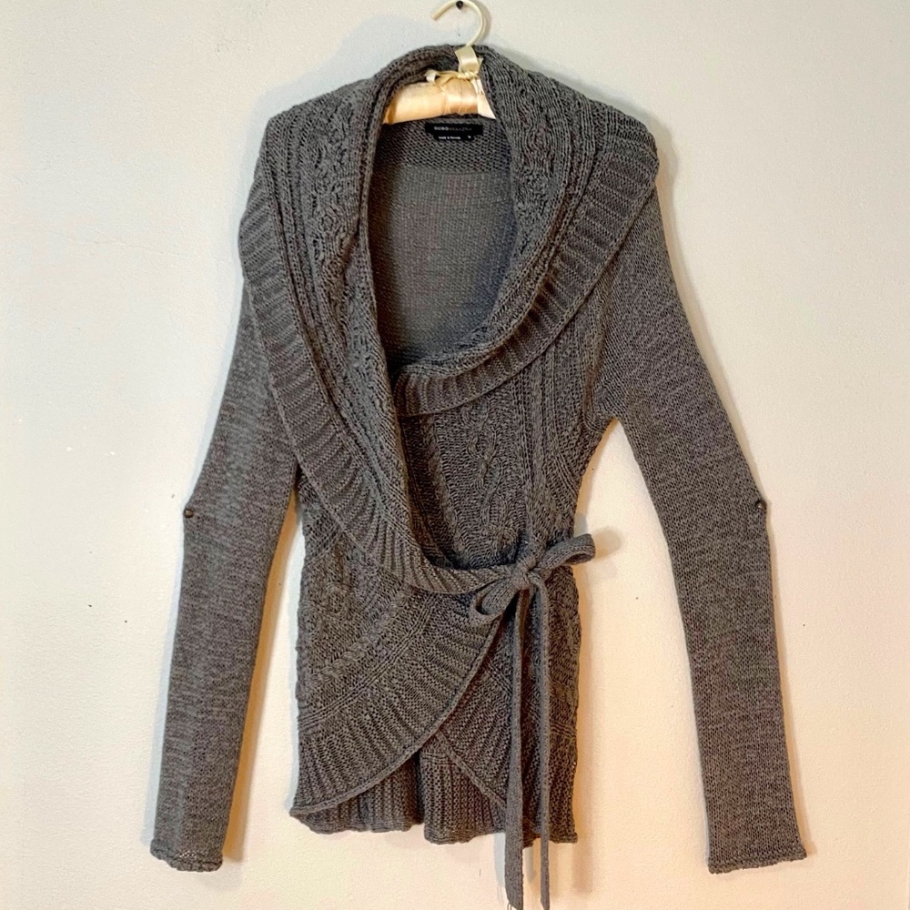 BCBGMAXAZRIA - Dark Gray Wrap Sweater Cardigan with Peplum back - Size M